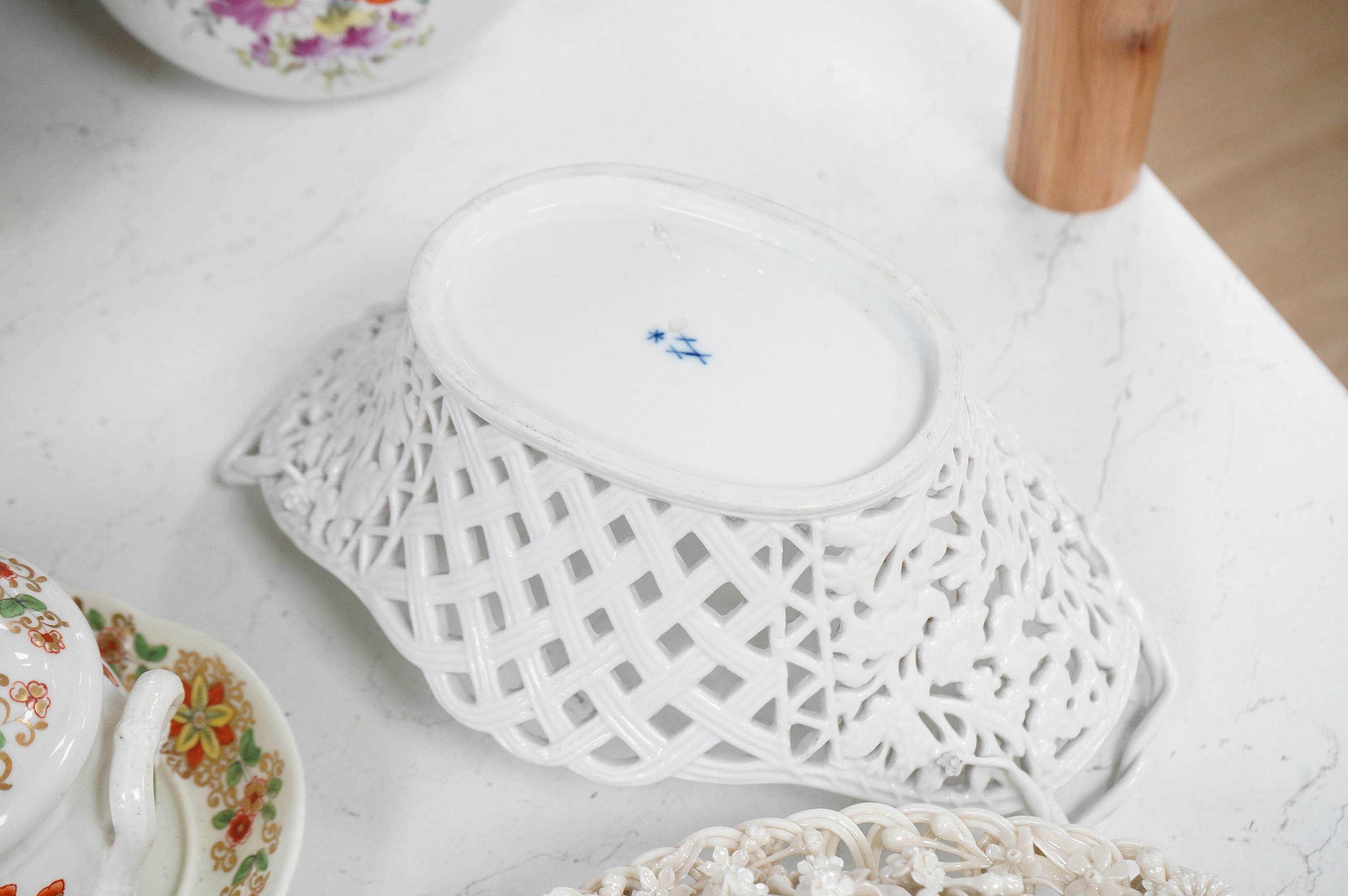 A 19th century Derby tureen and cover, a pair of Royal Worcester blush vase-26cm high, a Belleek basket and cover, a Wedgwood blue Jasperware cheese dish and associated cover, two continental baskets and vase. (7).